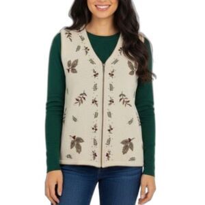 Classic Elements Womens NWOT Beige Embroidered Leaf Berry Beaded Sweater Vest S